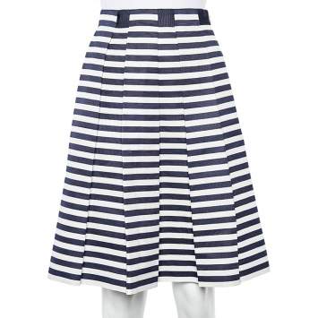 Pre Owned CH Carolina Herrera White And Navy Blue Stripes Print Cotton Skirt XS