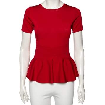Pre Owned CH Carolina Herrera Red Knit Short Sleeve Peplum Top XS