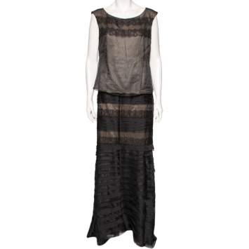 Pre Owned CH Carolina Herrera Black Silk Lace Trimmed Top & Layered Maxi Skirt L