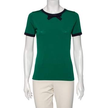 Pre Owned CH Carolina Herrera Green Knit Contrast Bow Detail Short Sleeve Top S