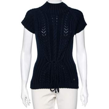 Pre Owned CH Carolina Herrera Navy Blue Wool Cable Knit Turtle Neck Sweater L
