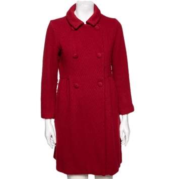 Pre Owned CH Carolina Herrera Red Patterned Wool Double Breasted Coat L