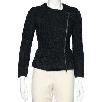 مملوكة مسبقًا CH Carolina Herrera Navy Blue Floral Wool Jacquard Zip Front Jacket M