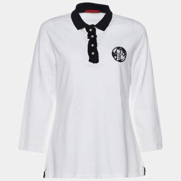 Pre Owned CH Carolina Herrera White Pique Knit Ruffled Polo Top L