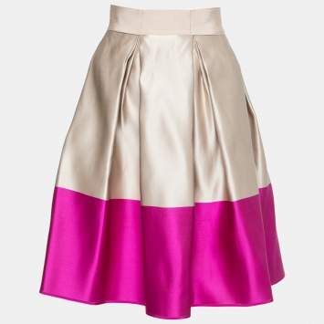 Pre Owned CH Carolina Herrera Gold & Pink Silk Satin Pleated Skirt M