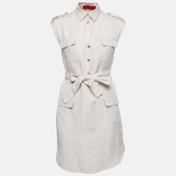 Pre Owned CH Carolina Herrera Beige Textured Linen Sleeveless Belted Mini Dress S