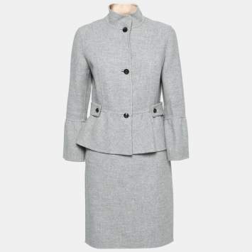 Pre Owned CH Carolina Herrera Grey Wool Button Front Peplum Jacket & Skirt Suit M