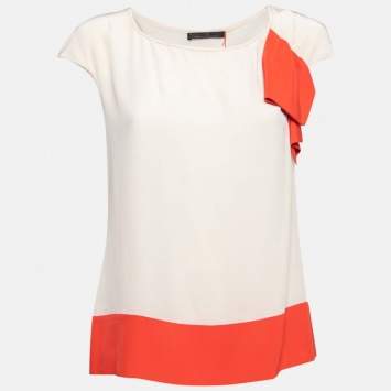 Pre Owned CH Carolina Herrera Cream Silk Bow Applique Cap Sleeves Top S