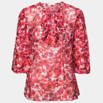 Pre Owned CH Carolina Herrera Pink Floral Printed Linen Ruffle Front Blouse S