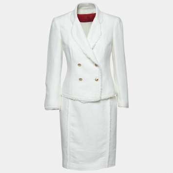 Pre Owned CH Carolina Herrera White Linen Frayed Edged Double Breasted Blazer & Skirt Set S