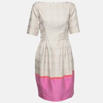 Pre Owned CH Carolina Herrera Beige & Pink Floral Jacquard Belted Dress M
