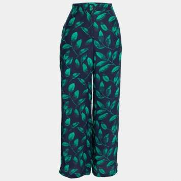 Pre Owned CH Carolina Herrera Navy Blue Leaf Printed Silk Wide Leg Trousers M Waist 31"