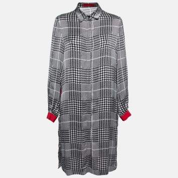 Pre Owned CH Carolina Herrera Black Monochrome Houndstooth Print Satin Dress M