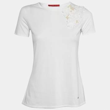 Pre Owned CH Carolina Herrera White Cotton Floral Pearl Applique T-Shirt XS