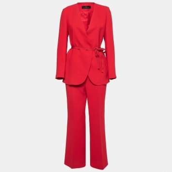 Pre Owned CH Carolina Herrera Red Crepe Belted Suit S/M
