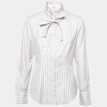 Pre Owned CH Carolina Herrera White & Beige Striped Cotton Neck Tie Detail Shirt L