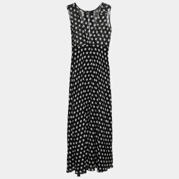 Pre Owned CH Carolina Herrera Black Polka Dot Silk Sleeveless Maxi Dress M