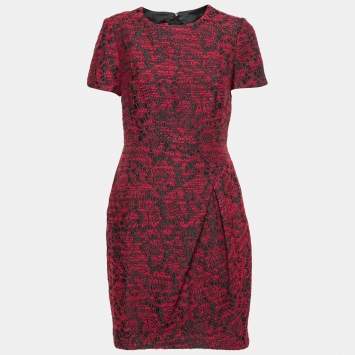 مملوكة مسبقًا CH Carolina Herrera Red & Black Textured Jacquard Dress M