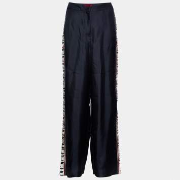 Pre Owned CH Carolina Herrera Navy Blue Silk Logo Tape Pants M