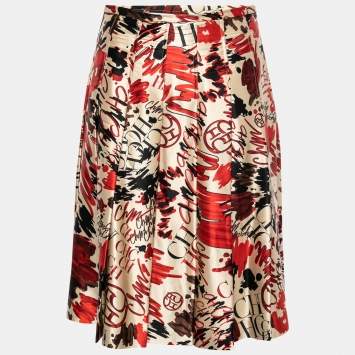 Pre Owned CH Carolina Herrera Cream Printed Silk-Satin Pleated Skirt M   