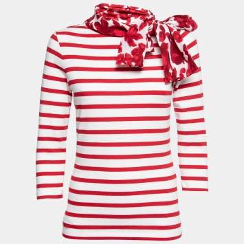 Pre Owned  CH Carolina Herrera Red Striped Cotton Tie Neck Top XS