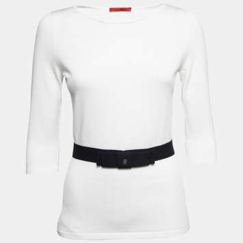 Pre Owned CH Carolina Herrera White Knit Belt Detail Round Neck Top S