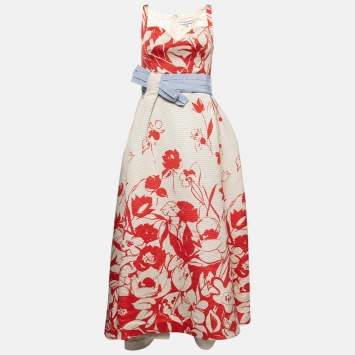 Pre Owned CH Carolina Herrera Ivory & Red Floral Print Silk Sleeveless Gown L