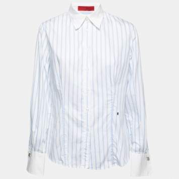 Pre Owned CH Carolina Herrera Light Blue Striped Cotton Cuff Link Detail Shirt L