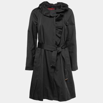 Pre Owned CH Carolina Herrera Black Cotton Ruffle Trimmed Belted Coat L