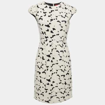 Pre Owned CH Carolina Herrera Cream/Black Wool Blend Cap Sleeve Midi Dress M