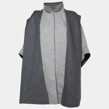 Pre Owned CH Carolina Herrera Grey Wool Reversible Detachable-Hood Cape M