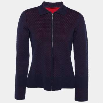 Pre Owned CH Carolina Herrera Navy Blue Jacquard Knit Zip Front Jacket S