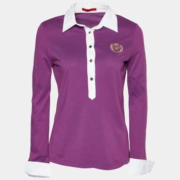 Pre Owned CH Carolina Herrera Purple Cotton Pique Contrast Detail Polo T-Shirt S