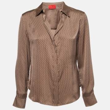 Pre Owned CH Carolina Herrera Brown Monogram Printed Silk Shirt L