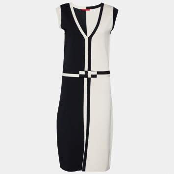 Pre Owned CH Carolina Herrera Black & Cream Knit Bow Detail Sleeveless Mini Dress L