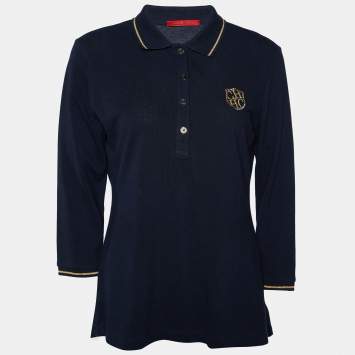Pre Owned CH Carolina Herrera Navy Blue Logo Embroidered Cotton Pique Polo T-Shirt M