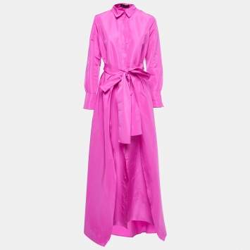 Pre Owned CH Carolina Herrera Pink Taffeta Belted Maxi Shirt Dress M