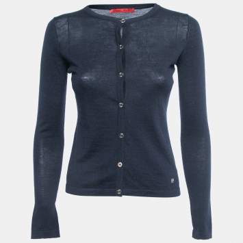 Pre Owned CH Carolina Herrera Navy Blue Knit Buttoned Cardigan XS 
