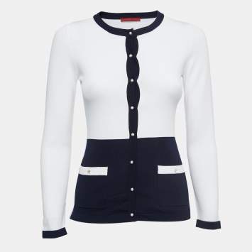 Pre Owned CH Carolina Herrera White/Navy Blue Knit Buttoned Cardigan XXS
