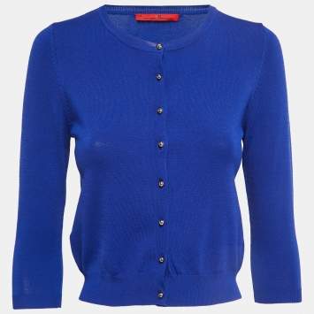 Pre Owned CH Carolina Herrera Blue Knit Buttoned 3/4 Sleeve Cardigan XS