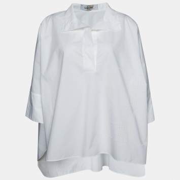 Pre Owned CH Carolina Herrera White Shirt White Cotton Logo Beaded Oversized Top M
