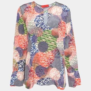Pre Owned CH Carolina Herrera Multicolor Logo Printed Silk Top L