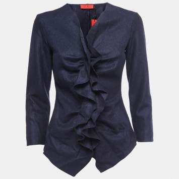 Pre Owned CH Carolina Herrera Navy Blue Wool Zip Front Draped Full Sleeve Blouse M