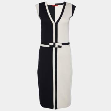 Pre Owned CH Carolina Herrera Color Block Knit Bow Detail Sheath Dress S