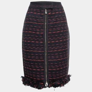 Pre Owned CH Carolina Herrera Navy Blue Tweed Zip Front Fringed Knee Length Skirt M