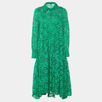 Pre Owned CH Carolina Herrera Green Floral Lace Tiered Midi Dress M