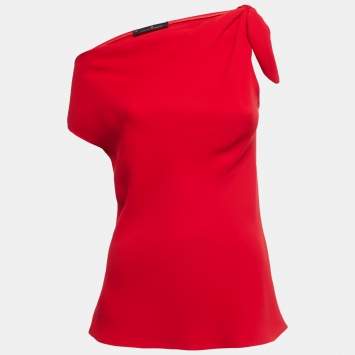 Pre Owned CH Carolina Herrera Red Crepe Knotted Sleeve Detail Top XS