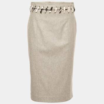 Pre Owned Carolina Herrera Grey Wool Blend Waist Tie Detail Skirt M