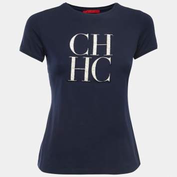Pre Owned CH Carolina Herrera Navy Blue Logo Patch Cotton Crew Neck Short Sleeve T-Shirt XS