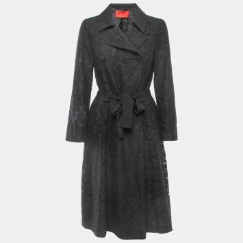 Pre Owned CH Carolina Herrera Black Floral Lace Belted Coat M
